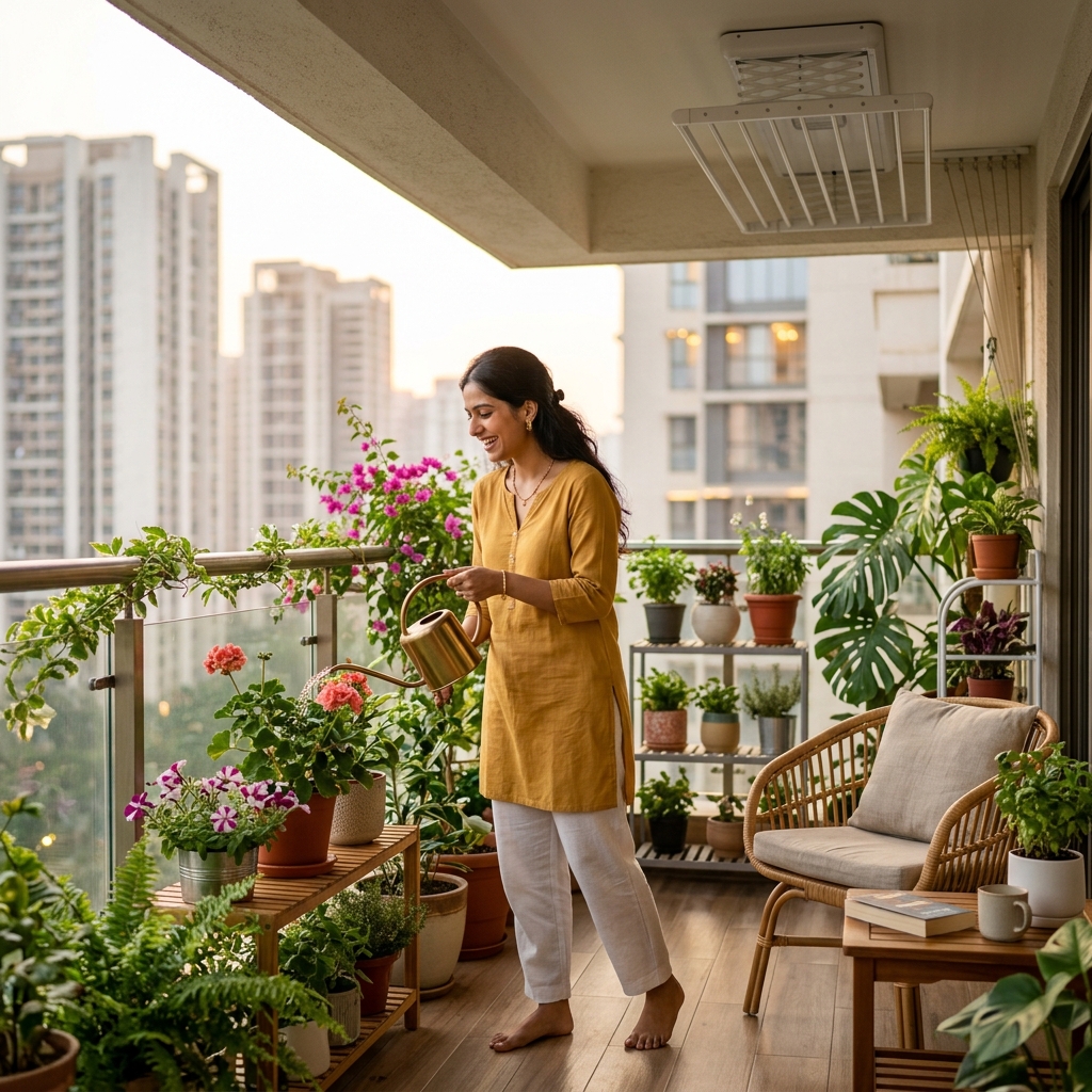 Watering Plants on Balcony